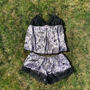 ✨ Black Pink Lace Lingerie Sleep Tank Short Set M L